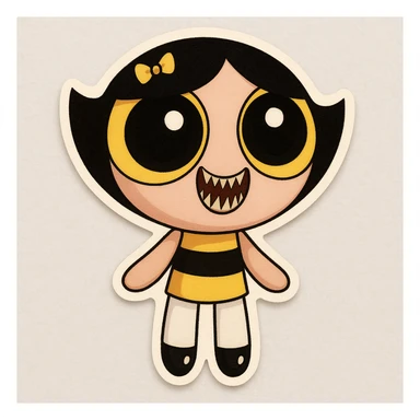 Add a wide, crazed smile with sharp teeth to the character, maintaining the original cartoon style and quality. sticker