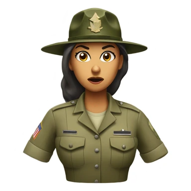 a female drill sergeant showing full torso wearing a classic sergeant hat and a camouflage army shirt. The character should have an angry intense expression.  sticker