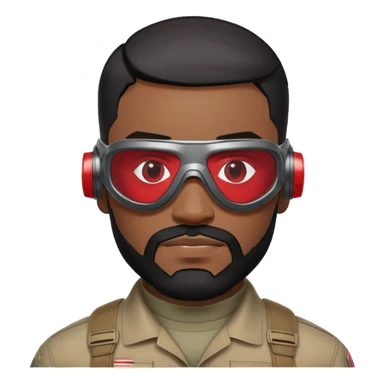 sam wilson have a short, neatly cropped black hair. It is evenly trimmed and close to the scalp, maintaining a clean and military-inspired and  a well-groomed beard that connects to his mustache,  wear sleek, red-tinted tactical goggles fit snugly from captain america: civil war sticker