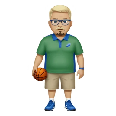 Full Body white male plus size wearing glasses with a goatee with light blonde and gray very short hair mad basketball head Coach in blue and green wearing Nike polo sticker