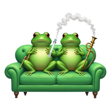 an image in the style of Studio Ghibli where two frogs are lying belly-up on a couch and smoking a hookah sticker