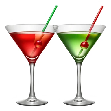 two realistic glasses of cocktail in emoji style, one is red color and one is green, martini glass shape, no straw, no fruit, no ice, no Cocktail sticks sticker