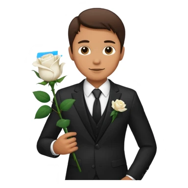 A man in a formal suit holding a white rose sticker