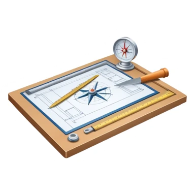 Sleek icon for Architecture: engineer's drawing board with building blueprints, 3D model of the building, ruler, compass, and protractor. Transparent background. sticker