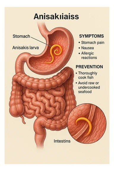 a cutaway view of the human digestive tract, showing an Anisakis larva attached to the stomach or intestinal wall. The parasite is highlighted in color, with surrounding tissue rendered in realistic detail. Educational labels describe symptoms and prevention. sticker