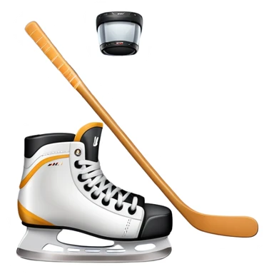 Please, make An icon featuring close-up shots of key hockey equipment: a hockey stick, puck, and skates. The background shows a packed stadium with cheering fans, bright arena lights, and an icy rink. Transparent background highlights the essentials of the game and the thrill of the sport. sticker