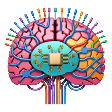 A digital brain with CPU circuitry and colorful neural connections sticker
