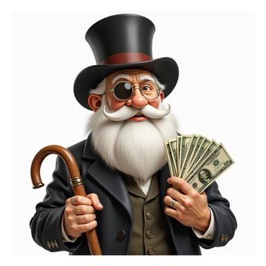 old white man with a top hat, monocle in left eye, holding stacks of money in right hand and a wooden cane in left hand, clear detailed style sticker