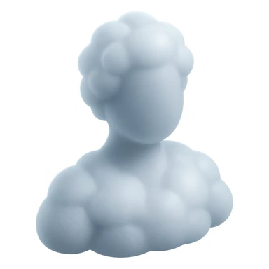 person made entirely of white fluffy convex clouds, shoulder up, front view, matte glass style sticker