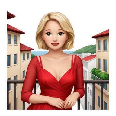 jennifer lawrence, red dress leaning on a balcony with a harbor and cityscape in the background, smiling sticker