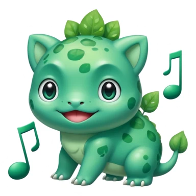 cute Bulbasaur Pokémon in Rednote app emoji style, shiny rounded face, big glossy eyes, green and teal palette, musical note symbol sticker