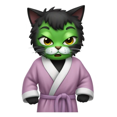 Angry Black cat wearing bathrobe with green face mask and hair in curlers  sticker