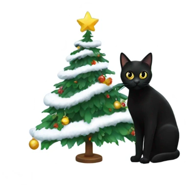 Black cat next to a white Christmas tree sticker
