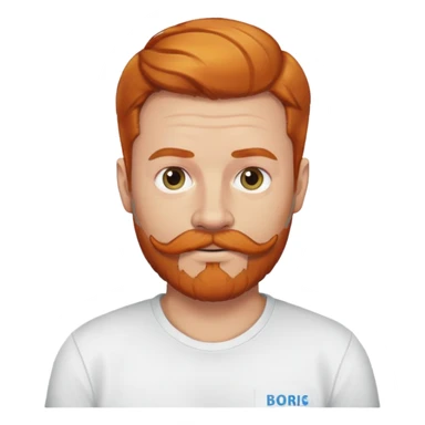 man with ginger hair and mustache and beard wearing a shirt that says “Boris” sticker