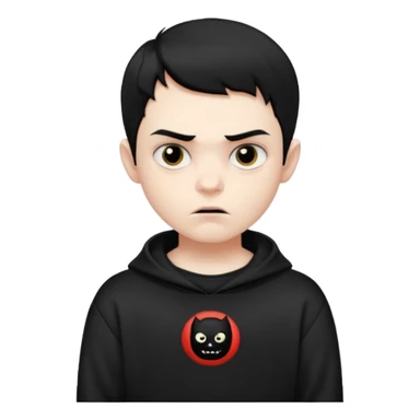 Vampire boy with the short black hair, pale-white skin, black eyes, little fangs and dark circles under his eyes. He has serious face and he wear a black oversize sweatshot sticker