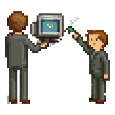 Stick figure throwing a tiny computer sticker