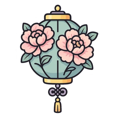 elegant Chinese lantern with peony flowers and decorative elements, detailed shadows and highlights, thin clean outlines, soft rounded shapes, pastel palette #98B5BC, #B5B3C1, #C9A3C9, #E4C0CA, #F7DCD1, #F7C0AA, modern Japanese pop-art and sticker aesthetic, high detail, vector sharpness, soft lighting, transparent background sticker