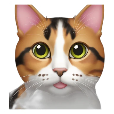 young striped calico cat face with a pink nose, white chin, green eyes, and orange/brown markings sticker