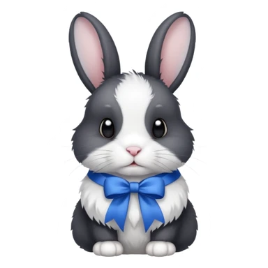 a white and black realistic domestic rabbit with a blue ribbon on its neck sticker