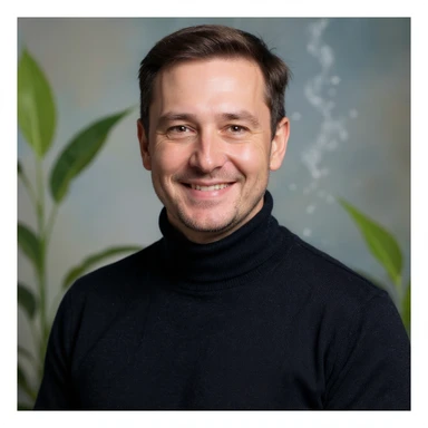 Vertical portrait of a man's face in a realistic style with a smiling expression. Include symbols of leaves and flowing water near the face. The atmosphere should convey purification and vitality. sticker