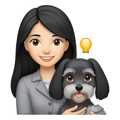 A smilling woman with long black hair holding a light gray Schnauzer sticker