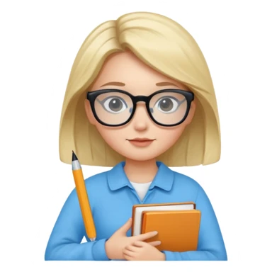 cute girl, glass, smart, Sky-blue colored clothing,
holding a book in one arm and a pen in the other hand.Holding a pen in the right hand as if teaching.Wearing black glasses, with a smart and bright-looking face. sticker