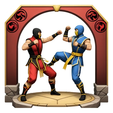 An icon showing two fighters in combat poses, inspired by Mortal Kombat. One character delivers a powerful kick, while the other blocks. The background features an iconic arena from the game with life bars at the top, symbolizing intense battles. Transparent background. sticker