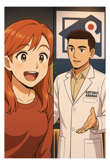 su questo stile fai un manga/webtoon a colori in cui C'è UNA STRISCIA CON FOCUS SUL VOLTO DELLA donna CON ESPRESSIONE DI STUPORE CHE ESCLAMA UNA COSA FELICE, MENTRE NELLA STRISCIA A DESTRA SI VEDE, l'uomo della foto in stile manga LE SPIEGA CHE DEVE PROVARE LA SUA VALUTAZIONE MEDICA, mantieni un ambiente simile alla foto che ho allegato con il suo logo (sarebbe il suo studio, lui è un kinesiologo), scrivigli "ANTONIO ANANIA" sul camice bianco, non mettere fumetti, ma fai in modo che sembri che la donna CHIEDA E  l'uomo RISPONDA sticker