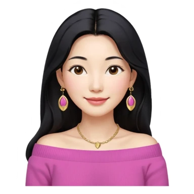 South Korean girl in her mid-thirties with long black hair and a middle part. She is wearing a pink colored, off the shoulder long sleeve knit sweater. She has small gold earrings and a gold necklace. She has brown eyes with narrow, mono lid shape and smiling with lips together sticker