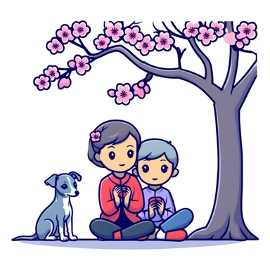 A young Chinese girl and a grey Italian Greyhound sitting under a cherry blossom tree sticker