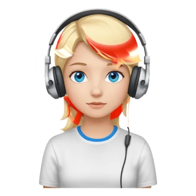 girl with blonde hair and blue eys, having on ears heaphones, with heands telling what, with white shirt sticker
