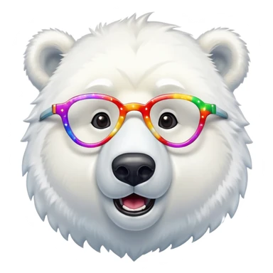 close up headshot of a friendly anthropomorphised polar bear with excited expression wearing large multicolored star-shaped glasses sticker