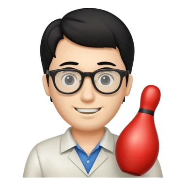 Bowling pin with a human face of a guy with black hair and glasses sticker