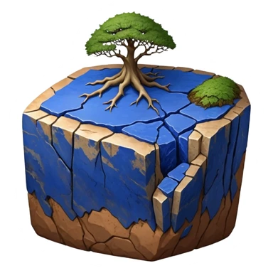 Aged two toned lapis blue terracotta Roots Stoneware akadama moss on soil irregular angular Stone Age rocks cracked crags and broken rough edges forming a very shallow Yixing slab pot sticker