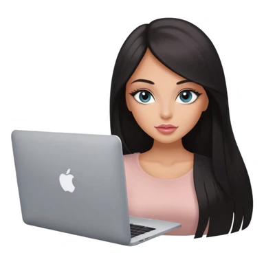 Glamours, tanned, very beautiful girl, with big pump peach-beige-rose lips, eyeliner, long long lashes, black straight smooth silky long hair, straight parting hair, blue-grey eyes with macbook sticker