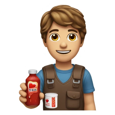 Brown haired boy holding a ketchup packet with red heart eyes  sticker