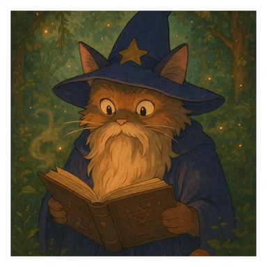 A cat wizard with a long beard reading a spellbook, mystical atmosphere sticker