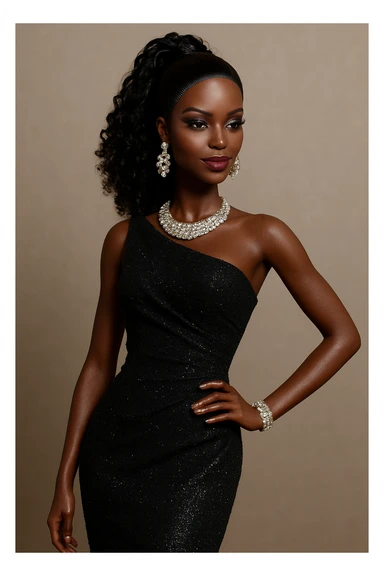 black barbie doll, elegant dress, confident pose, sparkling accessories, modern style sticker