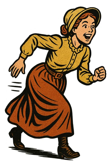 The full body of A female 1860s American settler in the American West looking excited and about to start a race sticker