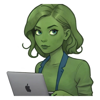 White skin girl with blue eyes, and dark blonde hair working with Mac  sticker