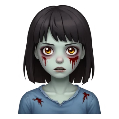 zombie 🧟‍♀️+👩🏻= girl dark hair long her shoulders bangs and ragged haircut gray eyes sticker