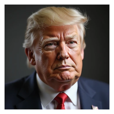 Donald Trump, ultra-realistic, indistinguishable from a real photograph, true-to-life skin and features, signature hair, very sly and foxy look, plain background, subtle emoji polish sticker