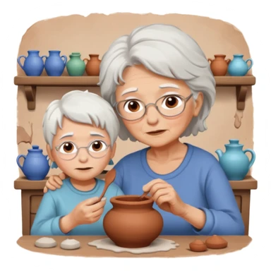 grandma with white hair and kid with brown hair doing potery sticker