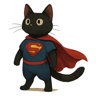 ghibli style super man cat with black fur sticker