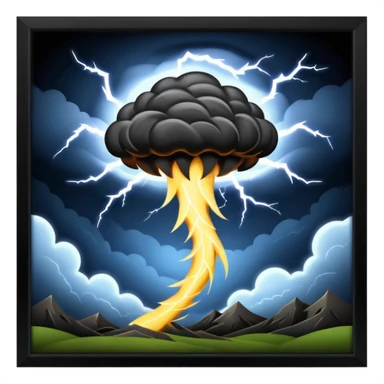A Discord emoji of a dark, stylized tornado with lightning bolts inside a black circular frame. High contrast, aggressive lines, white background. sticker