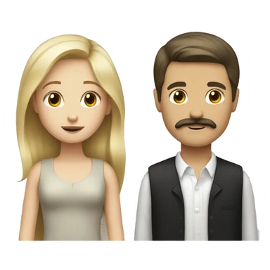 blonde girl with white boy with dark hair and a mustache sticker
