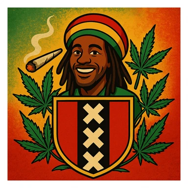 Create a digital illustration of a Rasta man with a friendly expression, wearing a red, gold, and green tam (Rastafarian hat), with dark brown skin and dreadlocks. Place him inside a bold, stylized Amsterdam coat of arms flag. The flag should have red, black, and gold tones with three white Xs in a vertical black stripe in the center. Surround the coat of arms with vibrant green cannabis leaves, a smoking spliff with rising smoke on the left side, and a textured reggae-colored background blending green, gold, and red. The style should be vintage, bold, and clean — like a high-quality reggae poster with modern emoji art flair. sticker