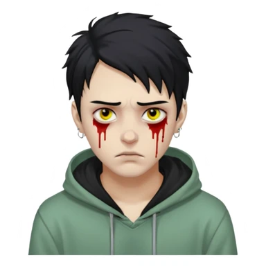 WhatsApp-style zombie emoji, young man, pale green skin, yellowish eyes with dark circles, messy black hair, blood tears, silver eyebrow piercing, nose ring, hoodie, realistic facial features, defined jawline, straight eyebrows, serious expression sticker