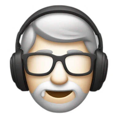 Un visage d’un homme blanc, cheveux châtain avec une barbe bien taillée des lunettes de vue, coiffé en arrière et un casque audio sticker