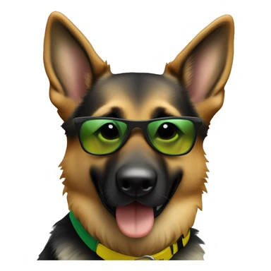Slim weak german shepherd with green-yellow belt and full black sunglasses and hair colour gray and a little brown near mouth sticker